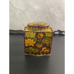 Vintage Daher Long Island NY Floral Tea Tin Made in England Burgundy Yellow 5in